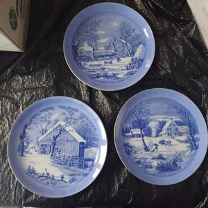 3 CURRIER AND IVES blue and white collector PLATES blue & white Tundra Japan